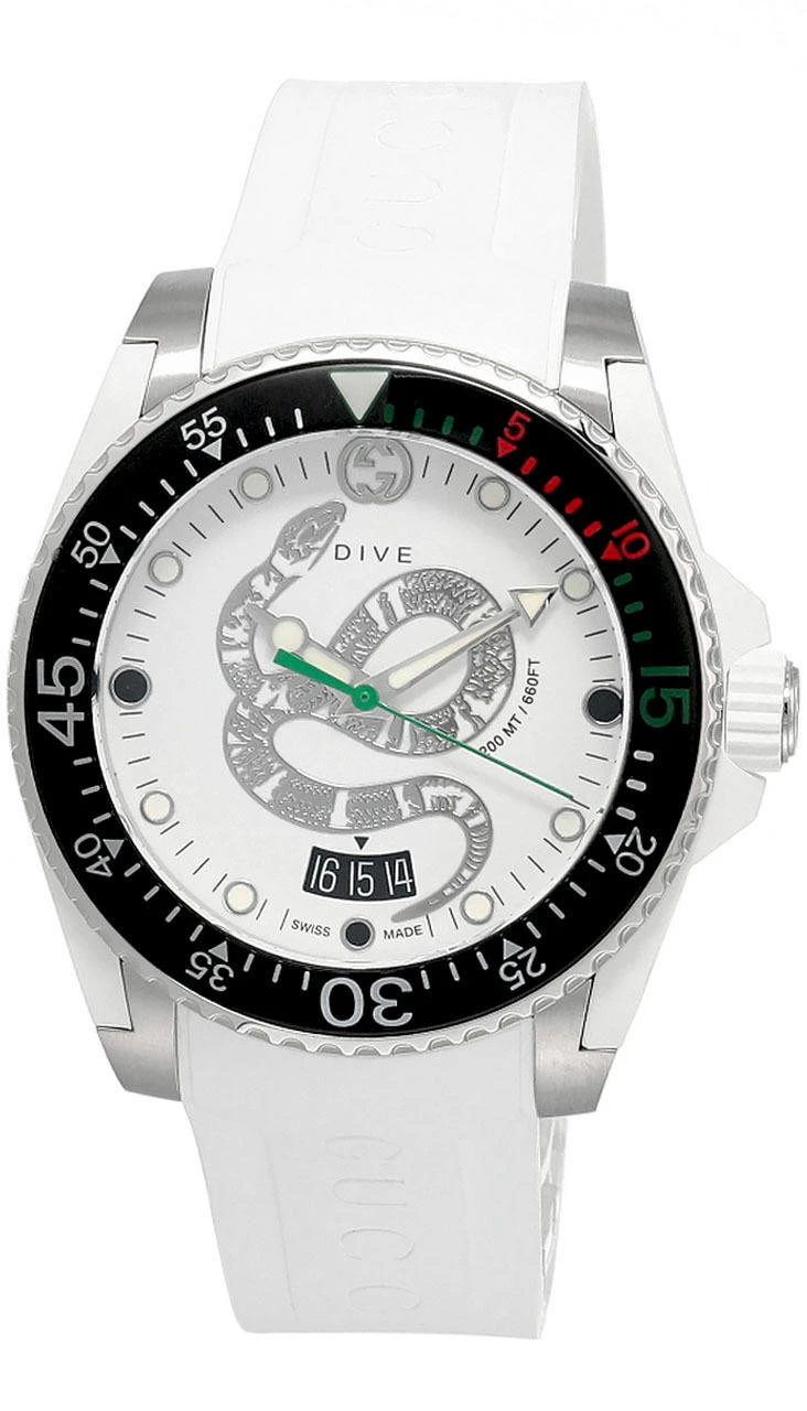 GUCCI Dive 40MM SS White Snake Motif Dial Rubber Men's Watch YA136330 3 GUCCI Dive 40MM SS White Snake Motif Dial Rubber Men's Watch YA136330