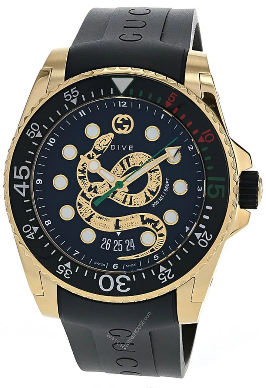 GUCCI Dive 45MM QTZ Gold Snake Dial Black Rubber Men's Watch YA136219 3 GUCCI Dive 45MM QTZ Gold Snake Dial Black Rubber Men's Watch YA136219